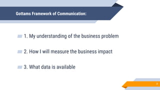 Gottams Framework of Communication:
▰ 1. My understanding of the business problem
▰ 2. How I will measure the business impact
▰ 3. What data is available
7
 