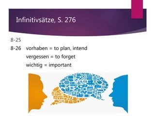 Infinitivsätze, S. 276
8-25
8-26 vorhaben = to plan, intend
vergessen = to forget
wichtig = important
 