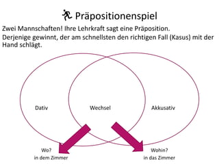 🏃 Präpositionenspiel
Zwei Mannschaften! Ihre Lehrkraft sagt eine Präposition.
Derjenige gewinnt, der am schnellsten den richtigen Fall (Kasus) mit der
Hand schlägt.
Wo? Wohin?
in dem Zimmer in das Zimmer
Dativ Wechsel Akkusativ
 