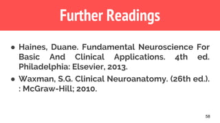 58
Further Readings
● Haines, Duane. Fundamental Neuroscience For
Basic And Clinical Applications. 4th ed.
Philadelphia: Elsevier, 2013.
● Waxman, S.G. Clinical Neuroanatomy. (26th ed.).
: McGraw-Hill; 2010.
 