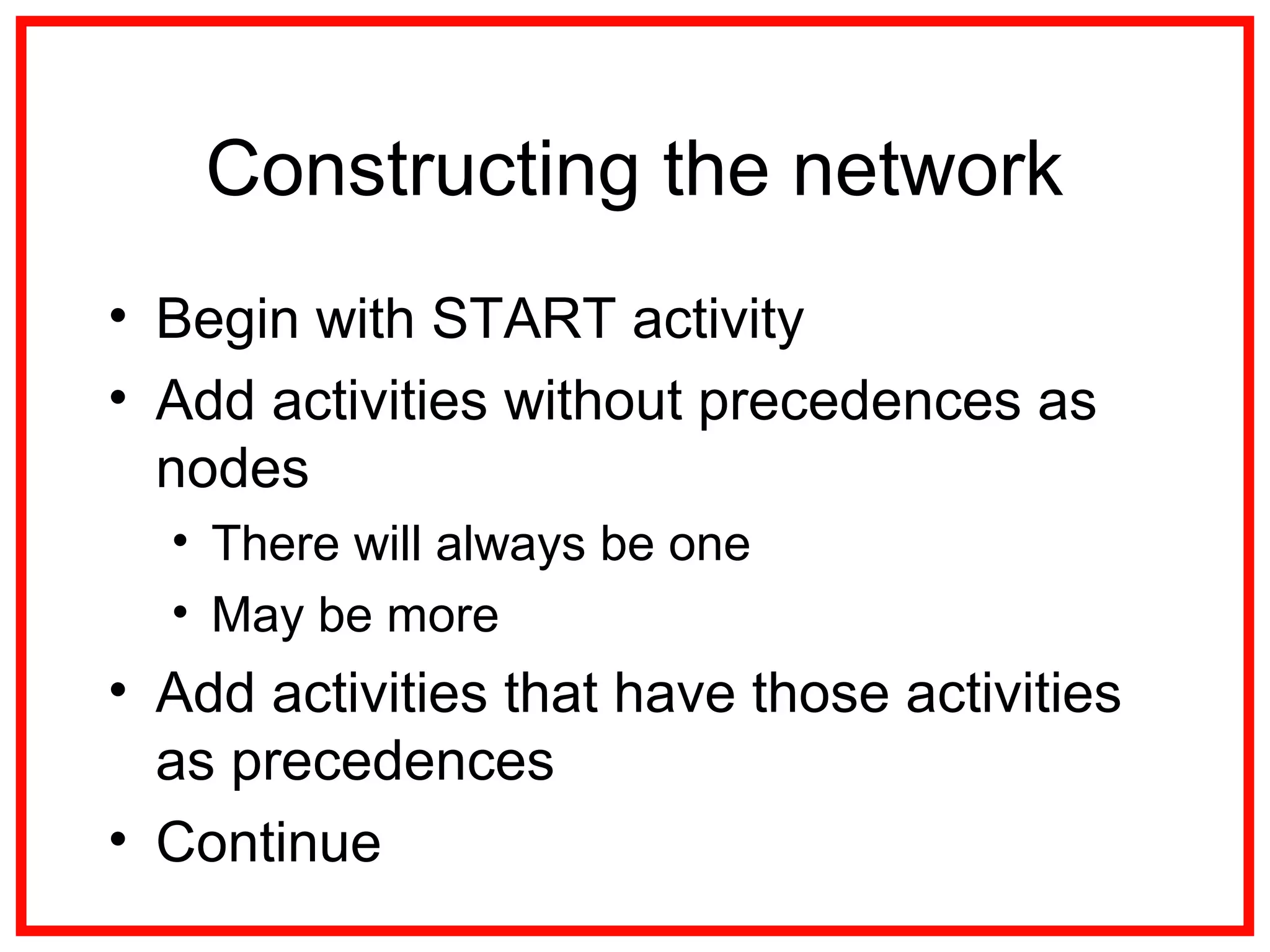 Constructing the network
• Begin with START activity
• Add activities without precedences as
nodes
• There will always be one
• May be more
• Add activities that have those activities
as precedences
• Continue
 