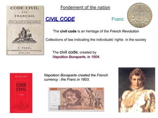 The civil codecivil code, created by
Napoléon Bonaparte, in 1804.Napoléon Bonaparte, in 1804.
Fondement of the nation
CIVIL CODECIVIL CODE Franc
The civil codecivil code is an heritage of the French RevolutionFrench Revolution
Collections of law indicating the individuals' rights in the society
Napoleon Bonaparte created the FrenchNapoleon Bonaparte created the French
currency : the Franc in 1803.currency : the Franc in 1803.
 