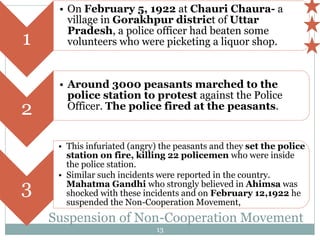 13
Suspension of Non-Cooperation Movement
1
• On February 5, 1922 at Chauri Chaura- a
village in Gorakhpur district of Uttar
Pradesh, a police officer had beaten some
volunteers who were picketing a liquor shop.
2
• Around 3000 peasants marched to the
police station to protest against the Police
Officer. The police fired at the peasants.
3
• This infuriated (angry) the peasants and they set the police
station on fire, killing 22 policemen who were inside
the police station.
• Similar such incidents were reported in the country.
Mahatma Gandhi who strongly believed in Ahimsa was
shocked with these incidents and on February 12,1922 he
suspended the Non-Cooperation Movement,
 