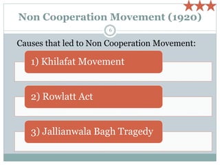 Non Cooperation Movement (1920)
1) Khilafat Movement
2) Rowlatt Act
3) Jallianwala Bagh Tragedy
Causes that led to Non Cooperation Movement:
6
 