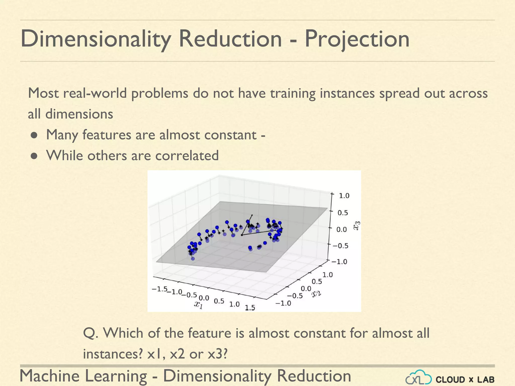 Machine Learning - Dimensionality Reduction
Most real-world problems do not have training instances spread out across
all dimensions
● Many features are almost constant -
● While others are correlated
Dimensionality Reduction - Projection
Q. Which of the feature is almost constant for almost all
instances? x1, x2 or x3?
 