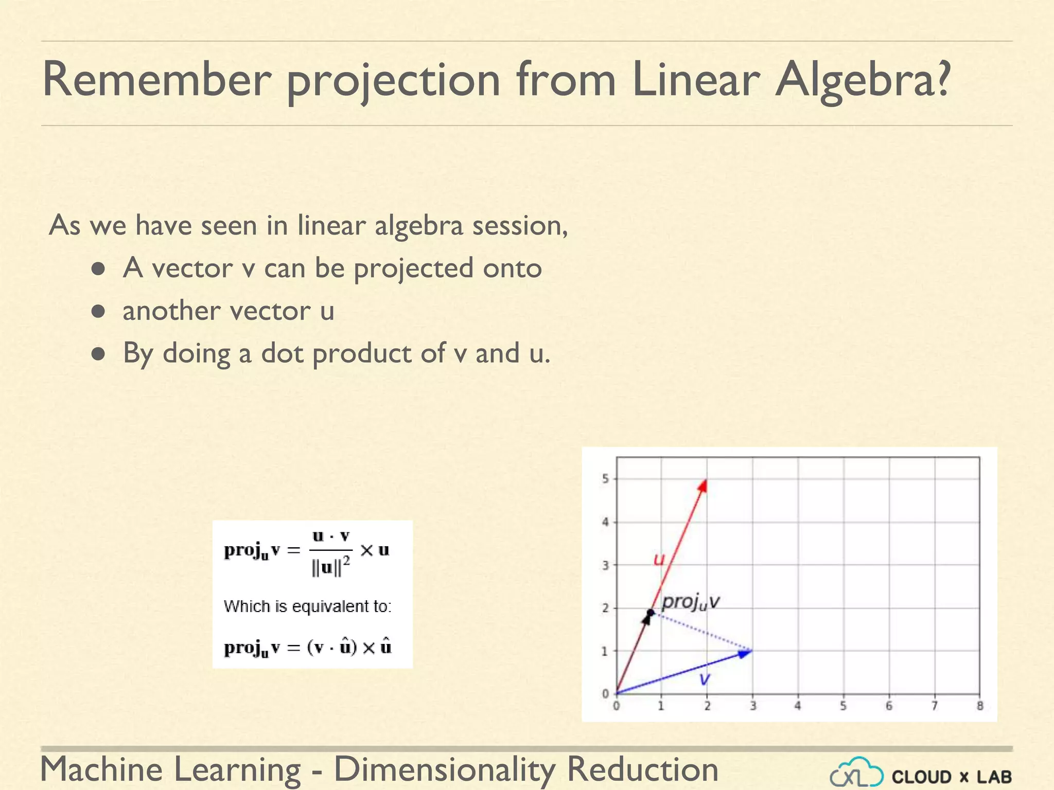Machine Learning - Dimensionality Reduction
Remember projection from Linear Algebra?
As we have seen in linear algebra session,
● A vector v can be projected onto
● another vector u
● By doing a dot product of v and u.
 