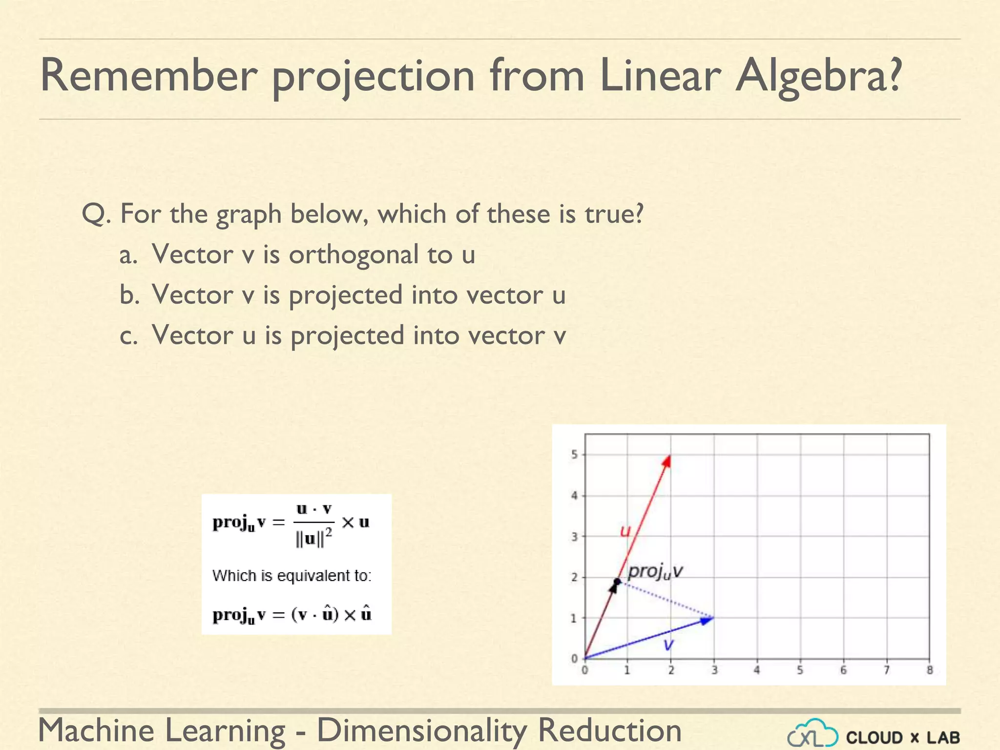 Machine Learning - Dimensionality Reduction
Remember projection from Linear Algebra?
Q. For the graph below, which of these is true?
a. Vector v is orthogonal to u
b. Vector v is projected into vector u
c. Vector u is projected into vector v
 