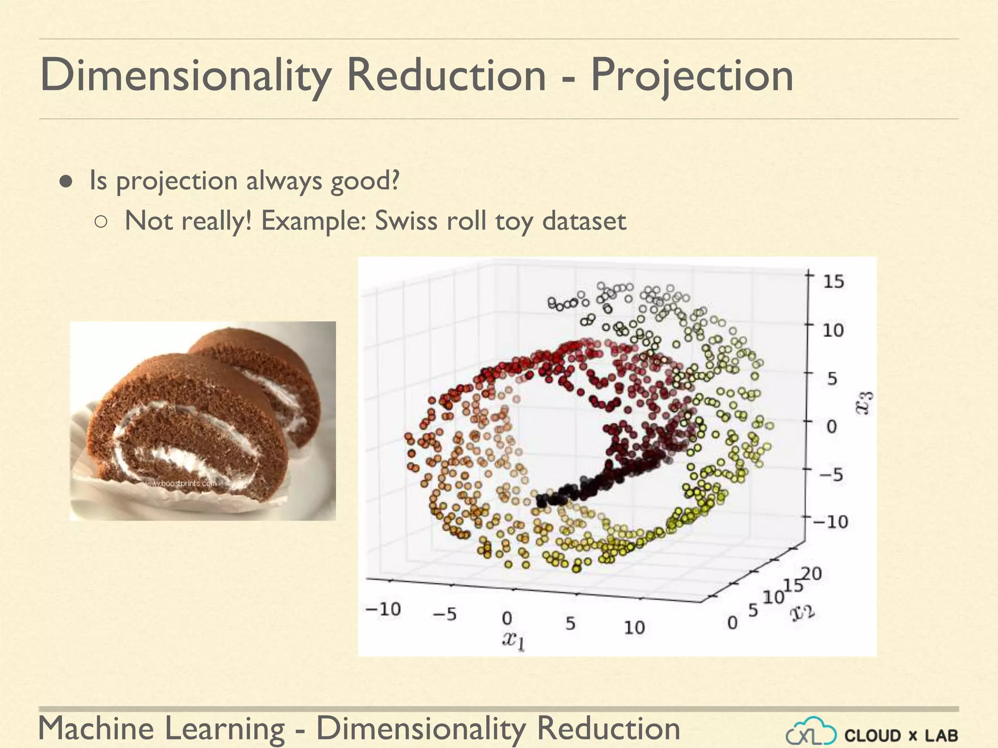 Machine Learning - Dimensionality Reduction
● Is projection always good?
○ Not really! Example: Swiss roll toy dataset
Dimensionality Reduction - Projection
 