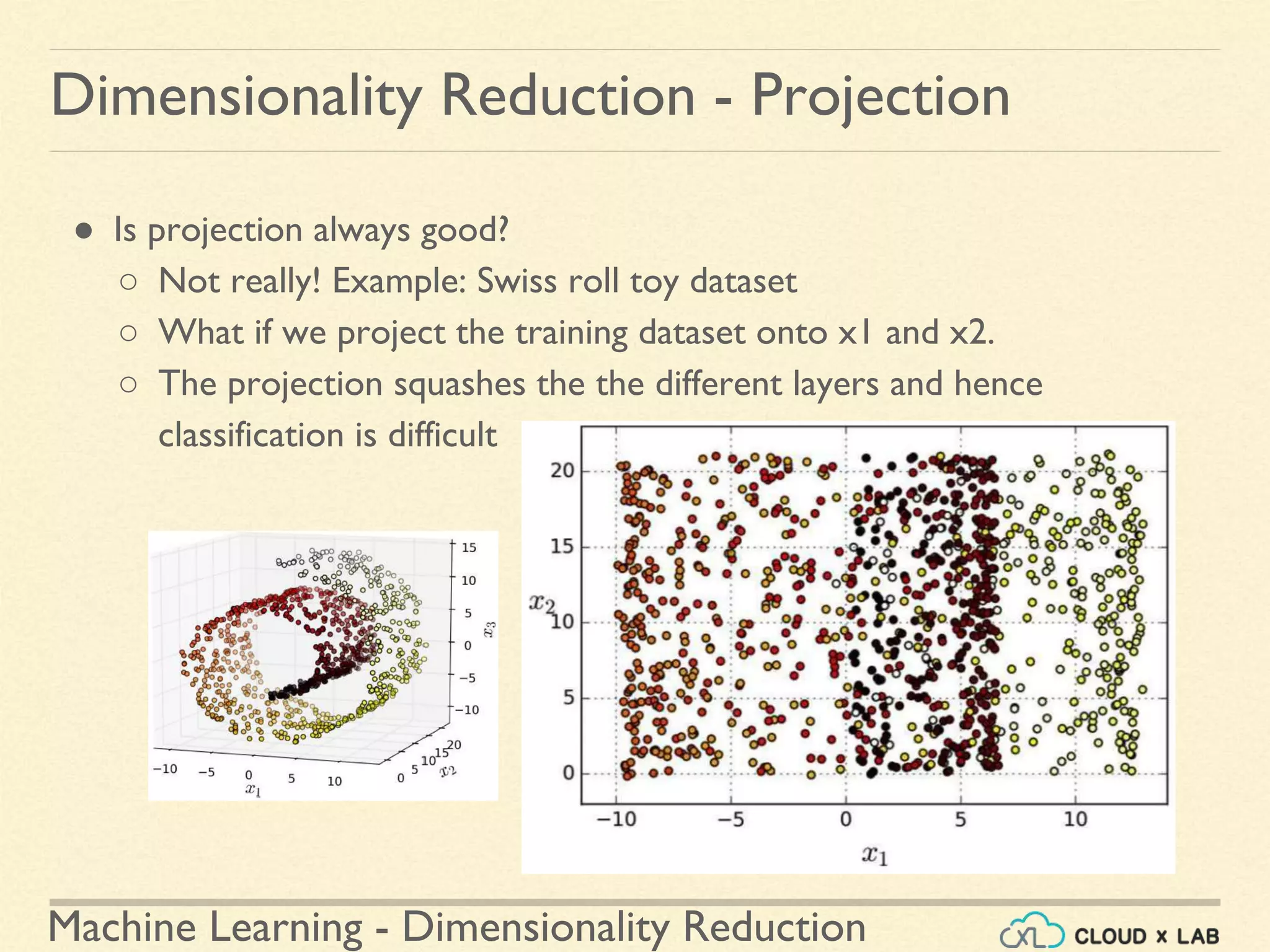 Machine Learning - Dimensionality Reduction
● Is projection always good?
○ Not really! Example: Swiss roll toy dataset
○ What if we project the training dataset onto x1 and x2.
○ The projection squashes the the different layers and hence
classification is difficult
Dimensionality Reduction - Projection
 
