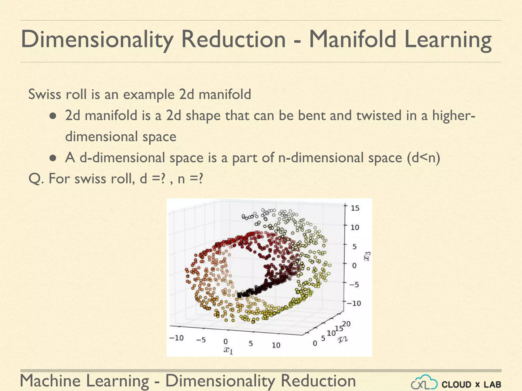 Machine Learning - Dimensionality Reduction
Swiss roll is an example 2d manifold
● 2d manifold is a 2d shape that can be bent and twisted in a higher-
dimensional space
● A d-dimensional space is a part of n-dimensional space (d<n)
Q. For swiss roll, d =? , n =?
Dimensionality Reduction - Manifold Learning
 