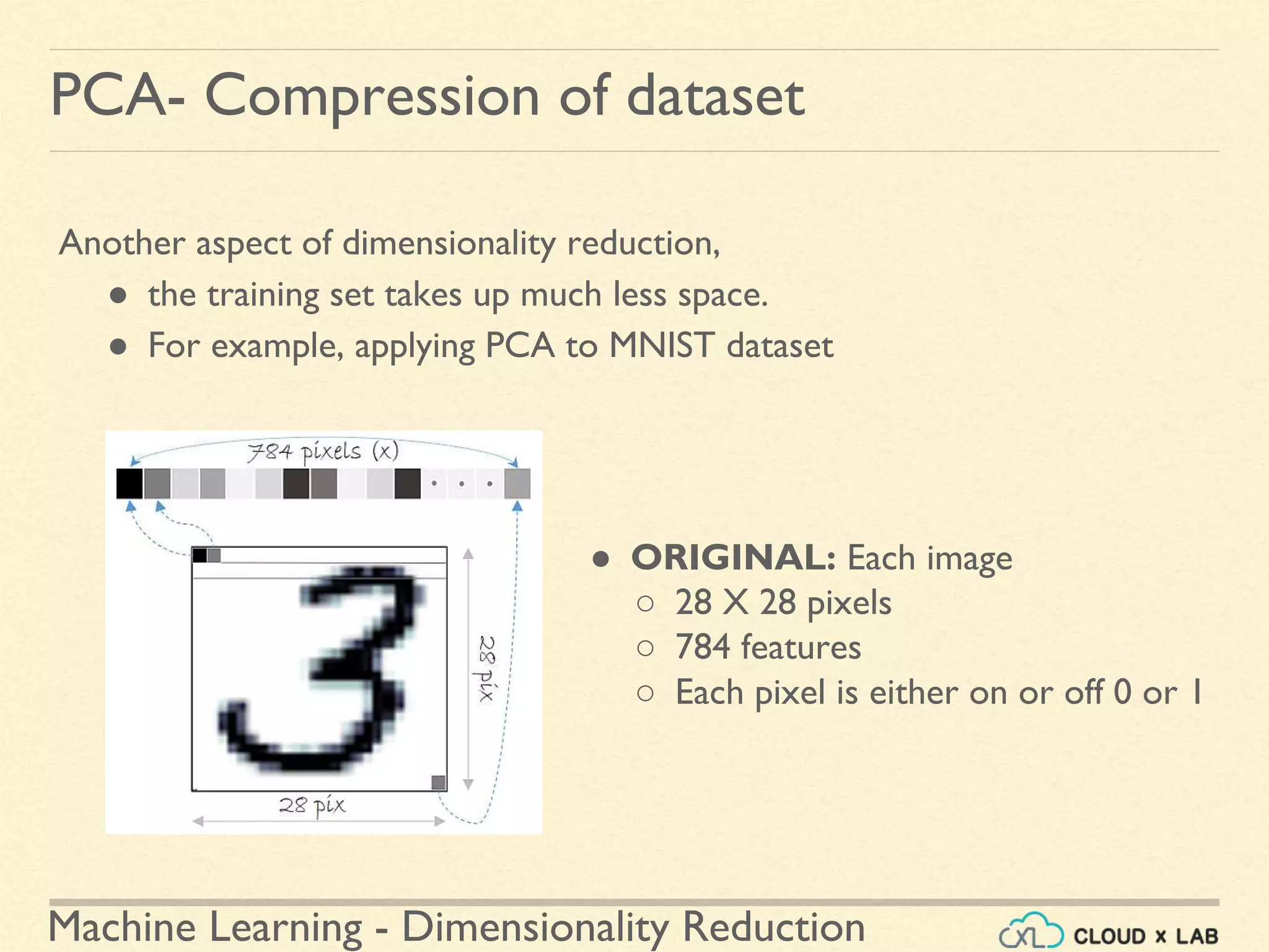 Machine Learning - Dimensionality Reduction
PCA- Compression of dataset
Another aspect of dimensionality reduction,
● the training set takes up much less space.
● For example, applying PCA to MNIST dataset
● ORIGINAL: Each image
○ 28 X 28 pixels
○ 784 features
○ Each pixel is either on or off 0 or 1
 