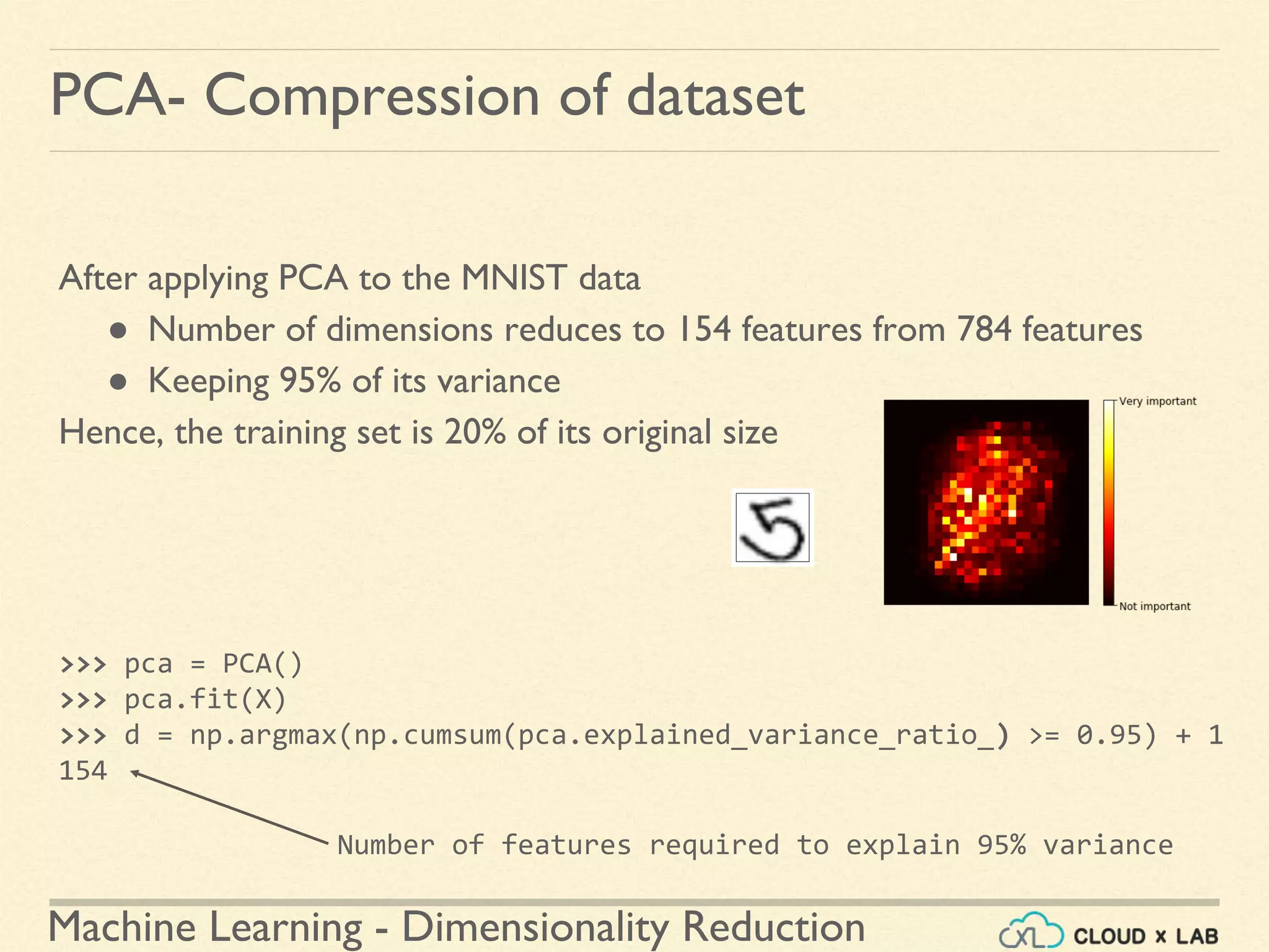 Machine Learning - Dimensionality Reduction
PCA- Compression of dataset
After applying PCA to the MNIST data
● Number of dimensions reduces to 154 features from 784 features
● Keeping 95% of its variance
Hence, the training set is 20% of its original size
>>> pca = PCA()
>>> pca.fit(X)
>>> d = np.argmax(np.cumsum(pca.explained_variance_ratio_) >= 0.95) + 1
154
Number of features required to explain 95% variance
 