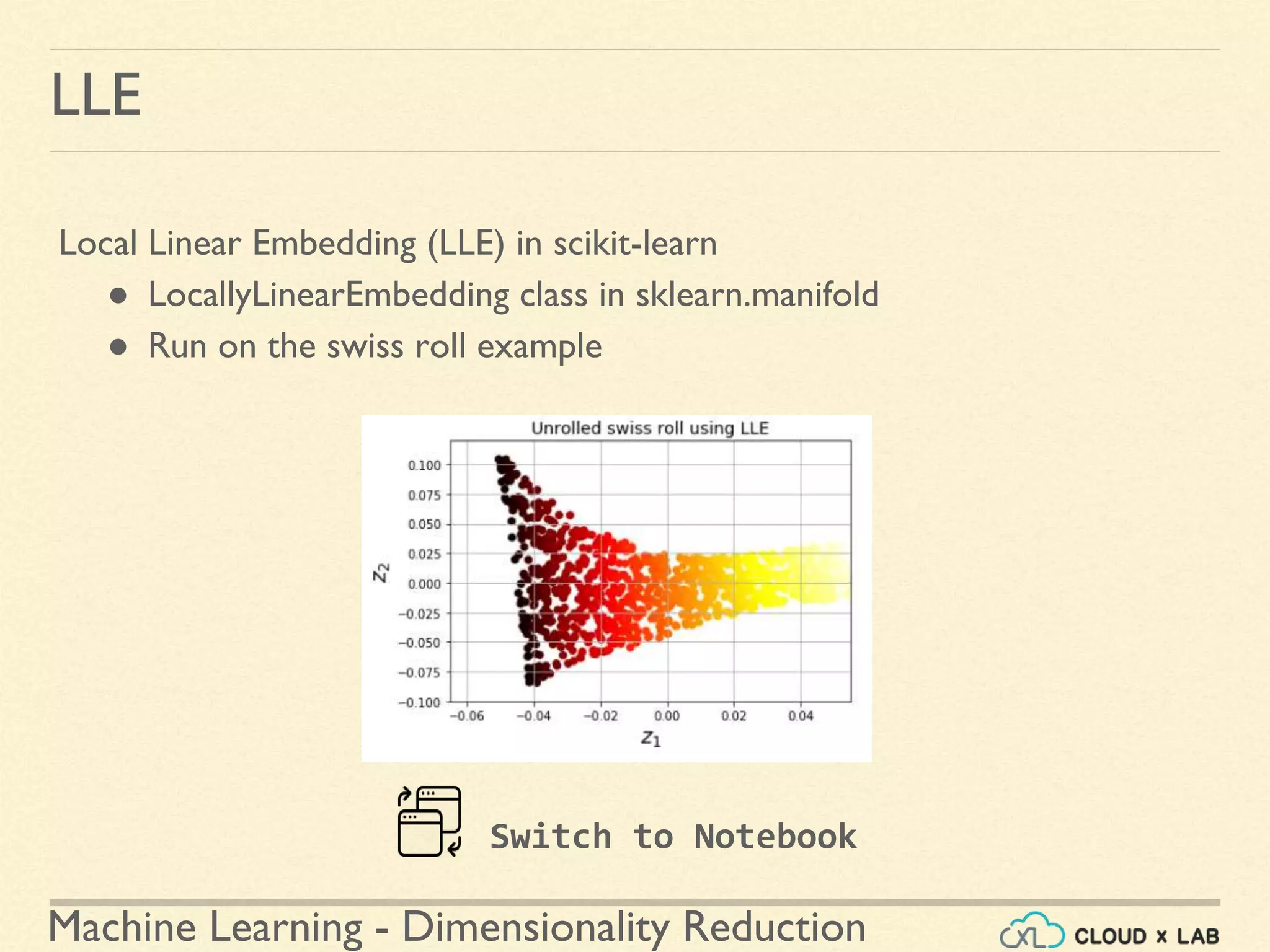 Machine Learning - Dimensionality Reduction
LLE
Local Linear Embedding (LLE) in scikit-learn
● LocallyLinearEmbedding class in sklearn.manifold
● Run on the swiss roll example
Switch to Notebook
 