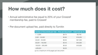 How much does it cost?
• Annual administrative fee equal to 20% of your Crossref
membership fee, paid to Crossref

• Per-document upload fee, paid directly to Turnitin
 