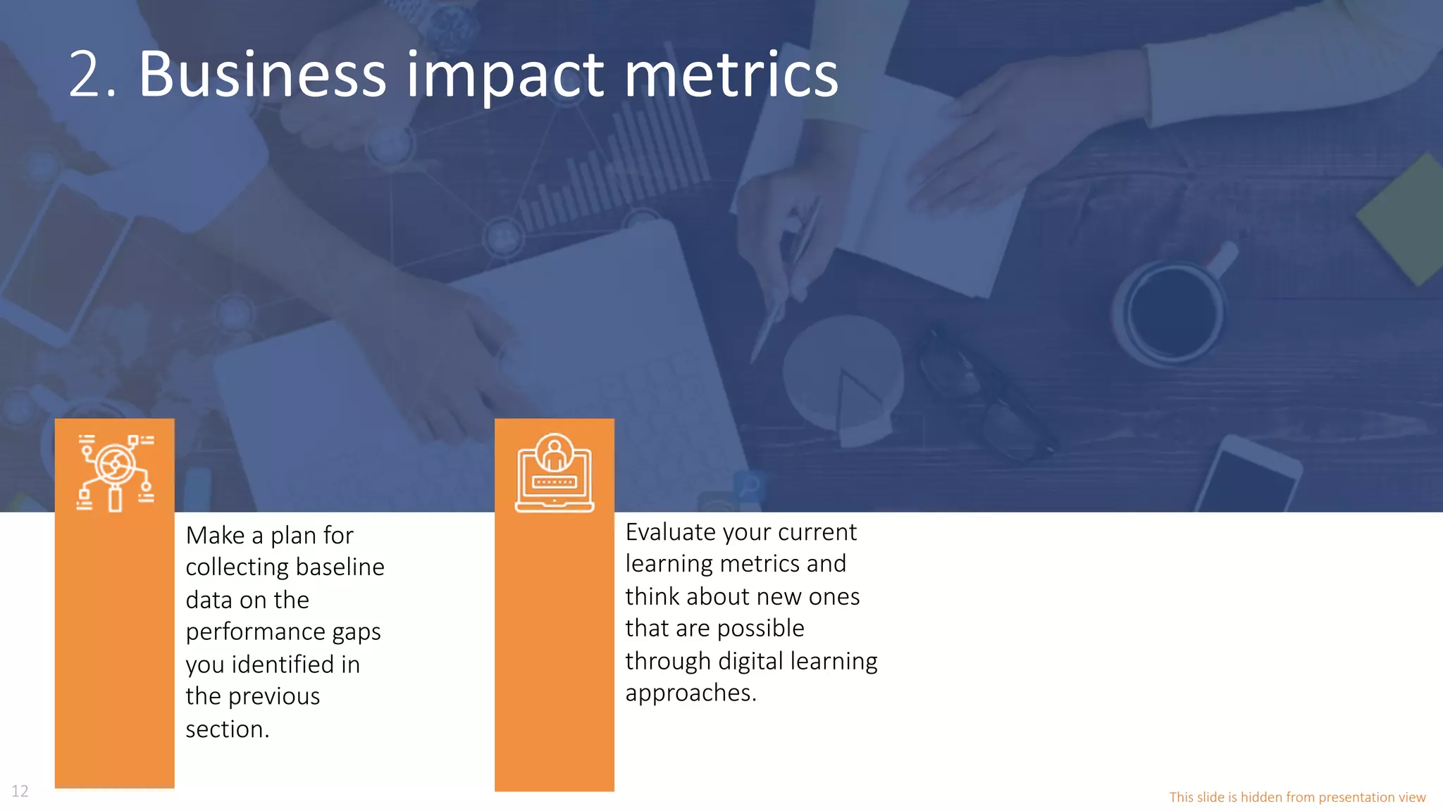 Make a plan for
collecting baseline
data on the
performance gaps
you identified in
the previous
section.
Evaluate your current
learning metrics and
think about new ones
that are possible
through digital learning
approaches.
2. Business	impact	metrics	
12 This slide is hidden from presentation view
 