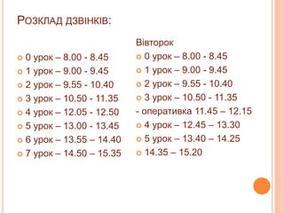 РОЗКЛАД ДЗВІНКІВ:
 0 урок – 8.00 - 8.45
 1 урок – 9.00 - 9.45
 2 урок – 9.55 - 10.40
 3 урок – 10.50 - 11.35
 4 урок – 12.05 - 12.50
 5 урок – 13.00 - 13.45
 6 урок – 13.55 – 14.40
 7 урок – 14.50 – 15.35
Вівторок
 0 урок – 8.00 - 8.45
 1 урок – 9.00 - 9.45
 2 урок – 9.55 - 10.40
 3 урок – 10.50 - 11.35
- оперативка 11.45 – 12.15
 4 урок – 12.45 – 13.30
 5 урок – 13.40 – 14.25
 14.35 – 15.20
 