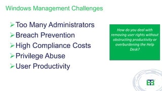 Windows Management Challenges
➢Too Many Administrators
➢Breach Prevention
➢High Compliance Costs
➢Privilege Abuse
➢User Productivity
How do you deal with
removing user rights without
obstructing productivity or
overburdening the Help
Desk?
 