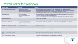 PowerBroker for Windows
Security Layer Challenge Benefit
Fine Grained Access Enforcement ➢ Least Privilege Adoption
➢ Removing administrator access
without impacting productivity
✓ Helps organizations realize the benefits of least privilege faster and with less complexity.
✓ Elevate privileges to applications, not users, on an as-needed basis without exposing passwords
✓ Enforce least-privilege access based on an application’s known vulnerabilities
✓ Track and control applications with known vulnerabilities or malware to further protect endpoints
Session Recording ➢ Cost of Compliance
➢ Ensuring Appropriate use if
privileges
✓ Gain visibility through detailed event logs and session recording capabilities and control through
automated, secure logging with searchable playback
✓ Satisfy compliance/internal security standards through automated gathering of necessary data
Remote Host Execution ✓ Enhance user productivity
User Behavior Monitoring ➢ Ensuring appropriate use and
detecting compromised account
activity
✓ Gain unmatched visibility into privileged user activity with centralized analytics and reporting
Child Process Monitoring & Control ➢ Back door access ✓ Close back door access
File Integrity Monitoring ✓ Protect critical files from malware & privilege misuse
Dynamic Threat Based Access &
Audit
✓ Dynamically adjust access policies based on asset and user risk
Active Threat Response Gateway ✓ Immediately respond to events by reducing or quarantining access
 