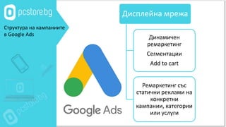 Дисплейна мрежа
Динамичен
ремаркетинг
Сегментации
Add to cart
Ремаркетинг със
статични реклами на
конкретни
кампании, категории
или услуги
Структура на кампаниите
в Google Ads
 