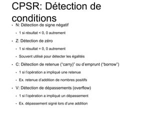 CPSR: Détection de
conditions• N: Détection de signe négatif
• 1 si résultat < 0, 0 autrement
• Z: Détection de zéro
• 1 si résultat = 0, 0 autrement
• Souvent utilisé pour détecter les égalités
• C: Détection de retenue (“carry)” ou d’emprunt (“borrow”)
• 1 si l’opération a impliqué une retenue
• Ex. retenue d’addition de nombres positifs
• V: Détection de dépassements (overflow)
• 1 si l’opération a impliqué un dépassement
• Ex. dépassement signé lors d’une addition
 