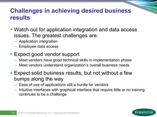Challenges in achieving desired business
     results
      Watch out for application integration and data access
       issues. The greatest challenges are:
           – Application integration
           – Employee data access

      Expect good vendor support
           – Most vendors have good technical skills in implementation phase
           – Most vendors understand organization’s overall business needs

      Expect solid business results, but not without a few
       bumps along the way
           – Ease of use of applications still a hurdle for vendors
           – Intuitive interfaces with graphical interface that require little or no training
             continues to be a challenge



39
      37     © 2011 ForresterSaba Software, Inc. AllReproduction Prohibited
     Saba Confidential
                    | © 2011
                              Research, Inc. rights reserved.
 