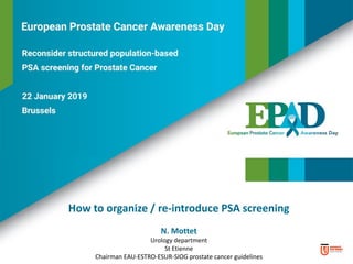 How to organize / re-introduce PSA screening
N. Mottet
Urology department
St Etienne
Chairman EAU-ESTRO-ESUR-SIOG prostate cancer guidelines
 