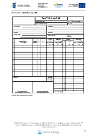 Projekt „Model systemu wdrażania i upowszechniania kształcenia na odległość w uczeniu się przez całe życie”
Projekt współfinansowany ze środków Unii Europejskiej w ramach Europejskiego Funduszu Społecznego
Podstawy hotelarstwa
29
Rysunek 8.1. Wzór faktury VAT
Źródło: www.dokumenty.nf.pl
 