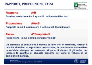 Rapporto A/B
Esprime la relazione tra 2 quantità indipendenti fra loro
Proporzione A/A+B
Rapporto in cui il numeratore è incluso nel denominatore
Tasso A*Tempo/A+B
Proporzione in cui entra la variabile "tempo"
Un elemento di confusione è dovuto al fatto che, in medicina, «tasso» è
talvolta sinonimo di rapporto o proporzione, in quanto non si considera
la variabile «tempo». Ad esempio, si parla di «tasso di glicemia» per
indicare la quantità di glucosio presente per unità di volume di un
campione di sangue.
Martino Trapani
Direzione Medica P.O. Garbagnate Milanese –ASST RHODENSE
RAPPORTI, PROPORZIONI, TASSI
 