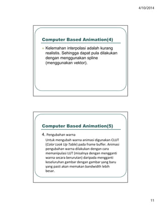 4/10/2014
11
Computer Based Animation(4)
 Kelemahan interpolasi adalah kurang Kelemahan interpolasi adalah kurang
realistis. Sehingga dapat pula dilakukan
dengan menggunakan spline
(menggunakan vektor).
Computer Based Animation(5)
4 Pengubahan warna4. Pengubahan warna
Untuk mengubah warna animasi digunakan CLUT 
(Color Look Up Table) pada frame buffer. Animasi 
pengubahan warna dilakukan dengan cara 
memanipulasi LUT (misalnya dengan mengganti 
warna secara berurutan) daripada mengganti ) p gg
keseluruhan gambar dengan gambar yang baru 
yang pasti akan memakan bandwidth lebih 
besar.
 
