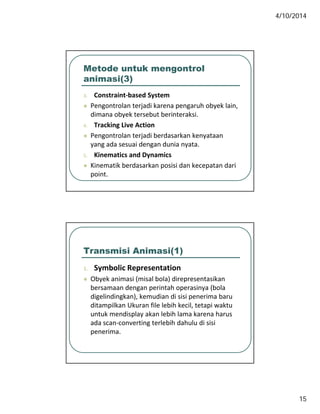 4/10/2014
15
Metode untuk mengontrol
animasi(3)
3. Constraint‐based SystemCo st a t based Syste
 Pengontrolan terjadi karena pengaruh obyek lain, 
dimana obyek tersebut berinteraksi.
4. Tracking Live Action
 Pengontrolan terjadi berdasarkan kenyataan
yang ada sesuai dengan dunia nyatayang ada sesuai dengan dunia nyata.
5. Kinematics and Dynamics
 Kinematik berdasarkan posisi dan kecepatan dari
point.
Transmisi Animasi(1)
1 Symbolic Representation1. Symbolic Representation
 Obyek animasi (misal bola) direpresentasikan
bersamaan dengan perintah operasinya (bola 
digelindingkan), kemudian di sisi penerima baru
ditampilkan Ukuran file lebih kecil, tetapi waktu
untuk mendisplay akan lebih lama karena harusp y
ada scan‐converting terlebih dahulu di sisi
penerima.
 