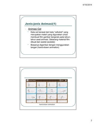 4/10/2014
2
Jenis-jenis Animasi(1)
1 Animasi Cel1. Animasi Cel
• Kata cel berasal dari kata “celluloid” yang
merupakan materi yang digunakan untuk
membuat film gambar bergerak pada tahun-
tahun awal animasi. Sekarang material film
dibuat dari asetat (acetate)
• Biasanya digambar dengan menggunakan
tangan (hand-drawn animation)
hand-drawn animation
 