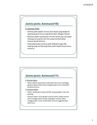 4/10/2014
7
Jenis-jenis Animasi(10)
4. Animasi Pathas a
 Animasi path adalah animasi dari obyek yang bergerak 
sepanjang garis kurva yang ditentukan sebagai lintasan.
 Misalnya dalam pembuatan animasi kereta api, persawat 
terbang, burung dan lain‐lain yang membutuhkan 
lintasan gerak tertentu.
 Pada kebanyakan animasi path dilakukan juga efek Pada kebanyakan animasi path dilakukan juga efek 
looping yang membuat gerakan path terjadi secara terus 
menerus.
Jenis-jenis Animasi(11)
5. Animasi Spline
 Spline adalah representasi matematis dari kurva. Sehingga 
gerakan obyek tidak hanya mengikuti garis lurus melainkan 
berbentuk kurva.
6. Animasi Vektor
 Vektor adalah garis yang memiliki ujung‐pangkal, arah, dan 
panjang.
 Animasi vektor mirip dengan animasi sprite, tetapi animasi 
sprite menggunakan bitmap sedangkan animasi vektor 
menggunakan rumus matematika untuk menggambarkan 
sprite‐nya.
 