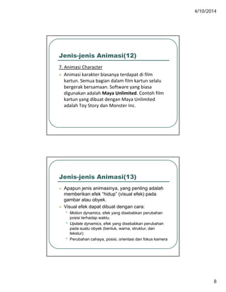 4/10/2014
8
Jenis-jenis Animasi(12)
7. Animasi Characteras a ac e
 Animasi karakter biasanya terdapat di film 
kartun. Semua bagian dalam film kartun selalu 
bergerak bersamaan. Software yang biasa 
digunakan adalah Maya Unlimited. Contoh film 
kartun yang dibuat dengan Maya Unlimited 
adalah Toy Story dan Monster Inc.
Jenis-jenis Animasi(13)
 Apapun jenis animasinya, yang penting adalahp p j y , y g p g
memberikan efek “hidup” (visual efek) pada
gambar atau obyek.
 Visual efek dapat dibuat dengan cara:
• Motion dynamics, efek yang disebabkan perubahan
posisi terhadap waktu.
• Update dynamics efek yang disebabkan perubahan• Update dynamics, efek yang disebabkan perubahan
pada suatu obyek (bentuk, warna, struktur, dan
tekstur)
• Perubahan cahaya, posisi, orientasi dan fokus kamera
 