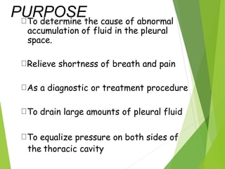 PURPOSETo determine the cause of abnormal
accumulation of fluid in the pleural
space.
Relieve shortness of breath and pain
As a diagnostic or treatment procedure
To drain large amounts of pleural fluid
To equalize pressure on both sides of
the thoracic cavity
 