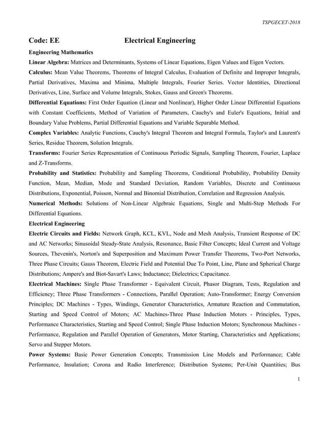 TS PGECET Electrical Engineering 2018 Syllabus | PDF