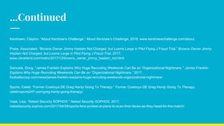 ...Continued
Kershawn, Clayton. “About Kershaw's Challenge.” About Kershaw's Challenge, 2018, www.kershawschallenge.com/about.
Press, Associated. “Browns Owner Jimmy Haslam Not Charged, but Looms Large in Pilot Flying J Fraud Trial.” Browns Owner Jimmy
Haslam Not Charged, but Looms Large in Pilot Flying J Fraud Trial, 2017,
www.cleveland.com/metro/2017/12/browns_owner_jimmy_haslam_not.html.
Samuels, Doug. “James Franklin Explains Why Huge Recruiting Weekends Can Be an ‘Organizational Nightmare.’” James Franklin
Explains Why Huge Recruiting Weekends Can Be an “Organizational Nightmare,” 2017,
footballscoop.com/news/james-franklin-explains-huge-recruiting-weekends-organizational-nightmare/.
Sports, Celeb. “Former Cowboys DE Greg Hardy Going To Therapy.” Former Cowboys DE Greg Hardy Going To Therapy,
celebnsports247.com/greg-hardy-going-therapy/.
Vaas, Lisa. “Naked Security SOPHOS.” Naked Security SOPHOS, 2017,
nakedsecurity.sophos.com/2017/04/28/sports-fans-protest-at-plans-to-scan-their-faces-as-they-head-for-the-match/.
 