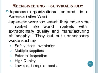 REENGINEERING – SURVIVAL STUDY
Japanese organizations entered into
America (after War)
Japanese were too smart, they move small
market into world markets with
extraordinary quality and manufacturing
philosophy. They cut out unnecessary
waste such as,
1. Safety stock Inventories
2. Multiple suppliers
3. External Inspection
4. High Quality
5. Low cost in regular basis
15
 