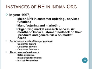 INSTANCES OF RE IN INDIAN ORG
23
 In year 1997,
Major BPR in customer ordering , services
functions
Manufacturing and marketing
Organizing market research once in six
months to know customer feedback on their
products and general view on market
needs
 Performance levels of 3 major process:
- Customer orders
- Customer service
- Customer feedback
 Three points of customers:
- Sales executive
- Installation technician
- Market Researcher
 