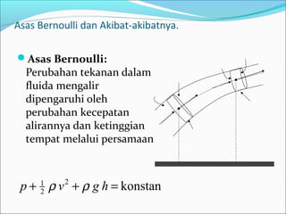 Asas Bernoulli dan Akibat-akibatnya.
Asas Bernoulli:
Perubahan tekanan dalam
fluida mengalir
dipengaruhi oleh
perubahan kecepatan
alirannya dan ketinggian
tempat melalui persamaan
konstan2
2
1
=++ hgvp ρρ
F1
F2
v1
v2
h1
h2
x2
x1
A1
A’1
A2
A’2
 