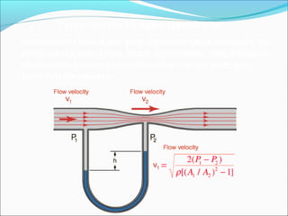 Venturimeter Dengan Manometer
Venturimeter adalah alat yang digunakan untuk mengukur laju
aliran zat cair dalam pipa. Untuk venturimeter yang dilengkapi
manometer, besarnya kecepatan aliran zat cair pada pipa
besar (v1) dirumuskan:
 