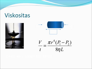 Viskositas
P1 P2
L
Debit alir ( volum per detik)
4
1 2( )
8
r P PV
t L
π
η
−
=
 