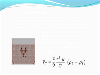 Kecepatan
Terminal
Jika sebuah benda yang dijatuhkan ke dalam
sebuah fluida kental, kecepatannya makin
membesar sampai mencapai kecepatan maksimum
yang tetap. Kecepatan ini di namakan kecepatan
terminal
Pada gambar bekerja gaya, dan
kecepatan terminal dicapai
apabila :
W – F – Fs = 0
Untuk benda berbentuk bola,
kecepatan terminal dirumuskan
sebagai
 