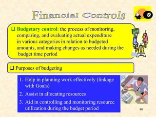  Budgetary control: the process of monitoring,
comparing, and evaluating actual expenditure
in various categories in relation to budgeted
amounts, and making changes as needed during the
budget time period
 Purposes of budgeting
1. Help in planning work effectively (linkage
with Goals)
2. Assist in allocating resources
3. Aid in controlling and monitoring resource
utilization during the budget period 40
 