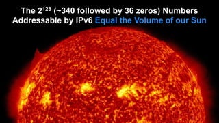 The 2128 (~340 followed by 36 zeros) Numbers
Addressable by IPv6 Equal the Volume of our Sun
 