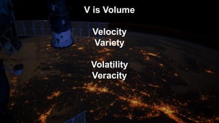 V is Volume
Velocity
Variety
Volatility
Veracity
 