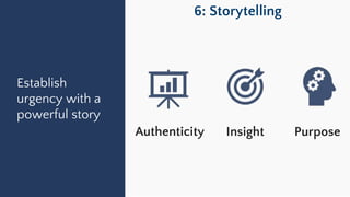 Establish
urgency with a
powerful story
Authenticity Insight Purpose
6: Storytelling
 