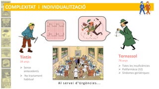 Tintin
34 anys
 Sense
antecedents
 No tractament
habitual
Tornassol
78 anys
 Totes les insuficiències
 Polifarmàcia (12)
 Síndomes geriàtriques
A l ser vei d ’ Urgèn c ies...
COMPLEXITAT i INDIVIDUALITZACIÓ
 