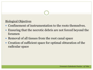 Biological Objectives
 Confinement of instrumentation to the roots themselves.
 Ensuring that the necrotic debris are not forced beyond the
foramen
 Removal of all tissues from the root canal space
 Creation of sufficient space for optimal obturation of the
radicular space
Grossman’s Endodontic Practice : 13th Edn.
 