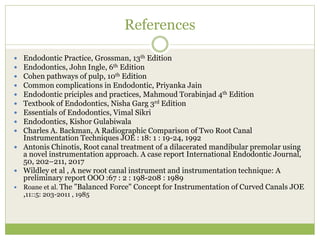 References
 Endodontic Practice, Grossman, 13th Edition
 Endodontics, John Ingle, 6th Edition
 Cohen pathways of pulp, 10th Edition
 Common complications in Endodontic, Priyanka Jain
 Endodontic priciples and practices, Mahmoud Torabinjad 4th Edition
 Textbook of Endodontics, Nisha Garg 3rd Edition
 Essentials of Endodontics, Vimal Sikri
 Endodontics, Kishor Gulabiwala
 Charles A. Backman, A Radiographic Comparison of Two Root Canal
Instrumentation Techniques JOE : 18: 1 : 19-24, 1992
 Antonis Chinotis, Root canal treatment of a dilacerated mandibular premolar using
a novel instrumentation approach. A case report International Endodontic Journal,
50, 202–211, 2017
 Wildley et al , A new root canal instrument and instrumentation technique: A
preliminary report OOO :67 : 2 : 198-208 : 1989
 Roane et al. The "Balanced Force" Concept for Instrumentation of Curved Canals JOE
,11::5: 203-2011 , 1985
 