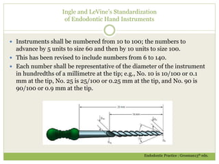 Ingle and LeVine’s Standardization
of Endodontic Hand Instruments
 Instruments shall be numbered from 10 to 100; the numbers to
advance by 5 units to size 60 and then by 10 units to size 100.
 This has been revised to include numbers from 6 to 140.
 Each number shall be representative of the diameter of the instrument
in hundredths of a millimetre at the tip; e.g., No. 10 is 10/100 or 0.1
mm at the tip, No. 25 is 25/100 or 0.25 mm at the tip, and No. 90 is
90/100 or 0.9 mm at the tip.
Endodontic Practice : Grosman13th edn.
 